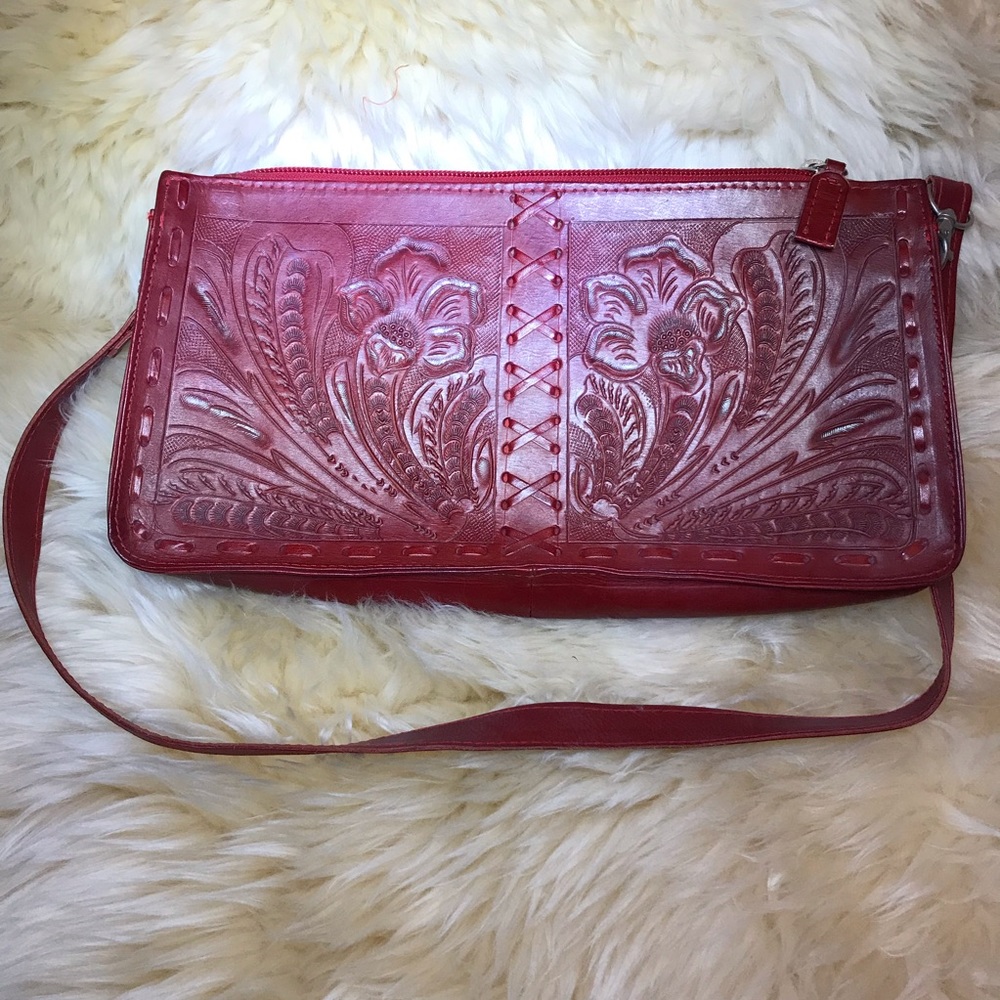 Handmade hand tooled all leather shoulder bag